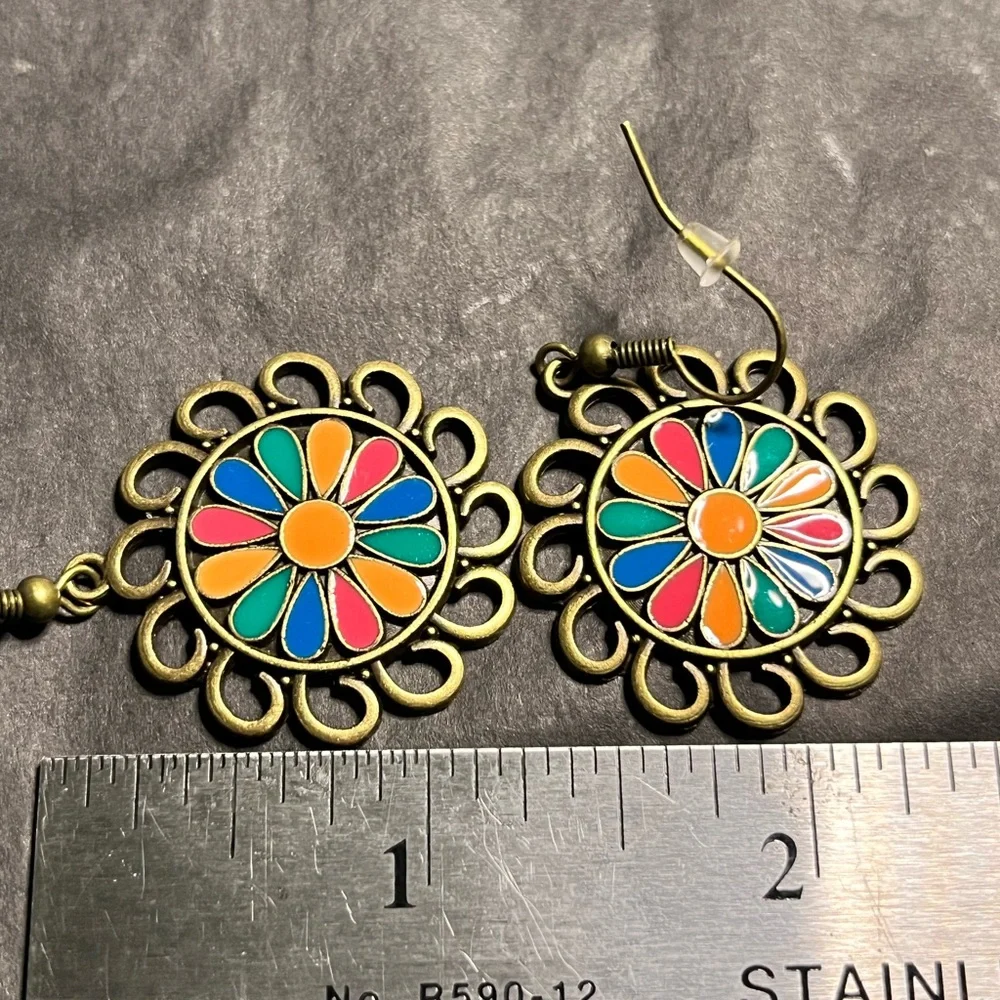 Multicolor Enamel Flower Dangle Earrings Boho Rainbow Floral